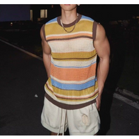 2025 Striped Block Loose Sleeveless Vest Knitted T Shirt Summer Trendy High Street Niche Hollow Out