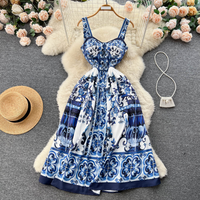 Women's Clothing National style retro suspender dress for women design niche waist slimming floral A-line long skirt