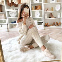 Clothing Fashion Solid Suit Sweater Casual Knit Sweater Set Soft U Neck Pullover 3 4 Sleeves & Stacked Cuffs