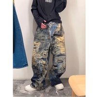 Clothing Distressed Jeans Graffiti Print Loose Straight Leg Vintage Denim Pants Washed Cotton Hip Hop Streetwear