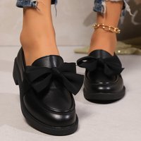 New Vintage Black Small Leather Shoes For Women With Chunky Heels And Platform Academy Bow Loafers