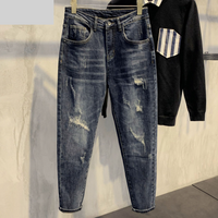 Men's Clothing Autumn New Washed Blue Jeans For Men Trendy Ripped Patches Slim Fit Slim Fitting Versatile Trendy Trousers