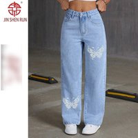 Rhinestone Butterfly Embellished High Waisted Straight Leg Jeans Trendy Casual Denim Pants Cotton Blend Fabric