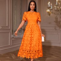 Elegant Lace Maxi Dress – High Waist Line Party Gown Puff Sleeves