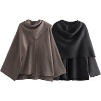 Elegant Asymmetrical Cape Knit Top – Long Sleeve Scarf Neck Pullover Loose Fit Boho Chic