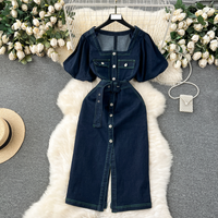 age reducing design exposed line buttoned slim fitting mid length split denim dress