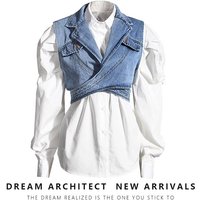 two piece short irregular denim vest shirt puffed sleeves loose fashion suit
