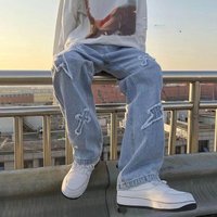 Streetwear Patchwork Jeans Hip Hop Distressed Denim Pants Zipper Details High Waist Straight Leg Casual Trousers