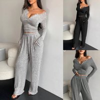 Clothing Autumn Suit Long Sleeved Button Down Solid Tight Top Plus Trousers Two Piece Suit