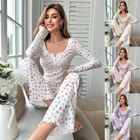 Long sleeved Trousers Pajamas Two piece Set Loungewear Flower Printing Slim fitting Soft Comfortable.