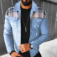 2524 * Men's Casual Multi Bag Plaid Patchwork Denim Jacket Trendy Men's Autumn And Winter New Product