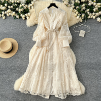 Clothing High end Dress Spring Waist Heavy Embroidery V neck Lantern Sleeve Single breasted Long Skirt