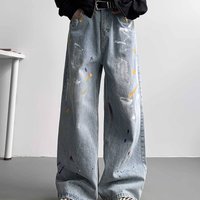 Men's Distressed Splatter Paint Jeans – Vintage-Inspired Streetwear Baggy Denim Pants, Oversized Straight-Leg With Artistic Graffiti Wash