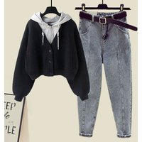 Clothing Two Piece Hooded Sweatshirt Female Straight Jeans Trend