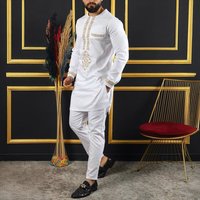 Men's Clothing Men's Suit African Ethnic Long Sleeved White Embroidered Traditional Casual Holiday Clothing Modest Set