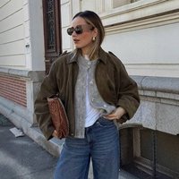 Faux Suede Bomber Jacket – Women’s Stylish Zip-Up Aviator Coat (Military Green, Black, Wine Red, S-L, Fall Streetwear)