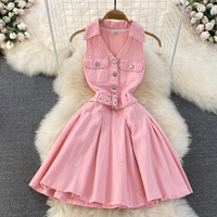 Clothing Spice Sexy Denim Skirt Design Neck Waisted Short Line Puffy Pleated Dress