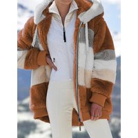 Autumn winter warm plush patchwork zipper pocket hooded loose jacket