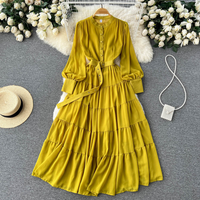 Style Temperament V neck Single breasted Chiffon French Elegant Retro Waist Slimming Big Swing line Lotus Leaf Long Skirt