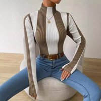 Black & Beige Striped Knit Top – Rayon-Polyester Blend, Slimming High Neck Long Sleeve (S-XL, Comfortable & Versatile, Work To Weekend)