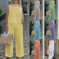 Women's Clothing Cotton And Linen Suit Sleeveless Tops Wide Leg Trousers Two Piece Suit