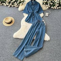 Retro Cowgirl Denim Set Summer Drawstring Polo Shirt & High Waisted Wide Leg Pants Outfit