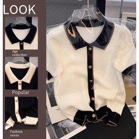 Clothing Short Sleeved T Shirt Summer Thin Knitted Cardigan French Niche High End Contrast Polo Collar Top