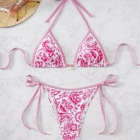 Women’s Clothing Swimsuit women new blue and white porcelain print lace up sexy bikini split swimsuit