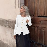 Elegant Round Neck Long Sleeve Knitted Cardigan European American Style Solid Cardigan Metal Button Design Autumn Style