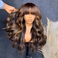 Highlight Blonde Lace Frontal Wigs for Women Pre-Plucked Brazilian Virgin Human Hair Body Wave Wigs with Bangs 180% Density