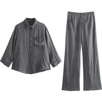Women's Linen Shirt & Pants Set Fall New Casual Style Loose Fit Comfortable Outfit (Gray/Beige, XS/S/M/L)