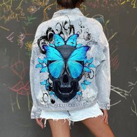 Skull Butterfly Print Denim Jacket Women's Jacket