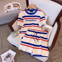 striped letter short sleeved T shirt shorts fashion two piece
