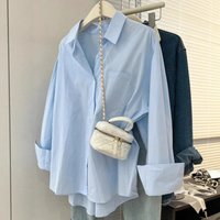 Lightweight Long Sleeve Blouse Breathable Linen Like Polyester Oversized Office Casual Top Pockets Blue S