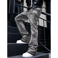 Men's Heavyweight Washed Denim Jeans - Graffiti Letter Print & White Splatter Paint Designer Jeans
