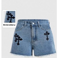 Clothing Retro Cross Embroidery Denim Shorts Summer High Waist Wide Leg Pants