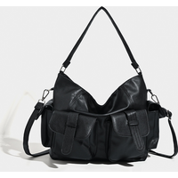 Large Capacity Messenger Bag New PU Texture Trend Niche Design Underarm Bag Handheld Black Solid Color Motorcycle Bag