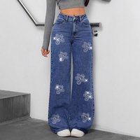 Women's Clothing Floral Rhinestone Loose Floral Rhinestone Embroidered High Waist Straight Leg Jeans - Loose Fit Denim Pants For Casual & Streetwear