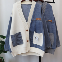 Clothing loose lazy style denim splicing design knitted cardigan sweater jacket