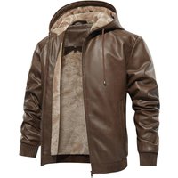 Men's Faux Leather Hooded Jacket – PU Coated Windbreaker, Warm Fleece Lined, Stylish Biker-Inspired Outerwear (S-XXXL, Dark Brown/Black/Red)