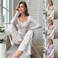 Floral Print Long Sleeve V Neck Sleepwear Set Soft Polyester Lounge Pants & Top Home Comfort