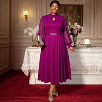Elegant Plus-Size Purple Evening Dress – High Neck, Sheer Cutout, Chiffon Bell Sleeves & Crystal Belt (0XL-4XL, A-Line Midi, Formal Party Gown)