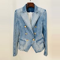 Women's slim-fit double-breasted lion buckle denim suit jacket