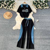 Clothing Casual Sports Suit Summer Chic Fashion Retro Lapel Short Sleeved Embroidered Top High Waist Wide Leg Pants