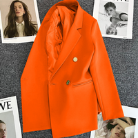 Elegant Spring Women's Blazer Double Breasted Grey Suit Jacket Slim Fit Casual Office Coat Trendy Loose Fit Stretch Polyester