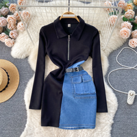 Clothing 2024 Spring Design contrast Stitching Niche Zipper Slim Short Denim Hip Skirt Dress