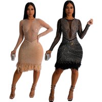 Women's Clothing Sexy See-through Rhinestone Long-sleeved Dress