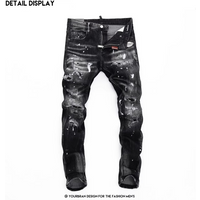 Men's Slim Fit Black Jeans With Waist Print Straight Leg Stretch Denim Pants For Casual Streetwear
