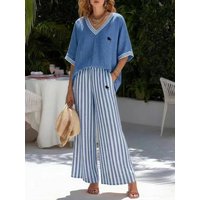  V Neck Striped Wide Leg Set European Style Summer Two Piece