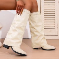 Plus Suede Trouser Boots Pointed Toe Chunky Heel Casual Knee High Autumn Winter Fashion Solid